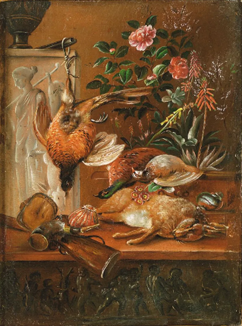 Still life with hunting symbols. (1812) by Cladius Detlev Fritzsch — original painting reproduced as a hand-painted oil on canvas