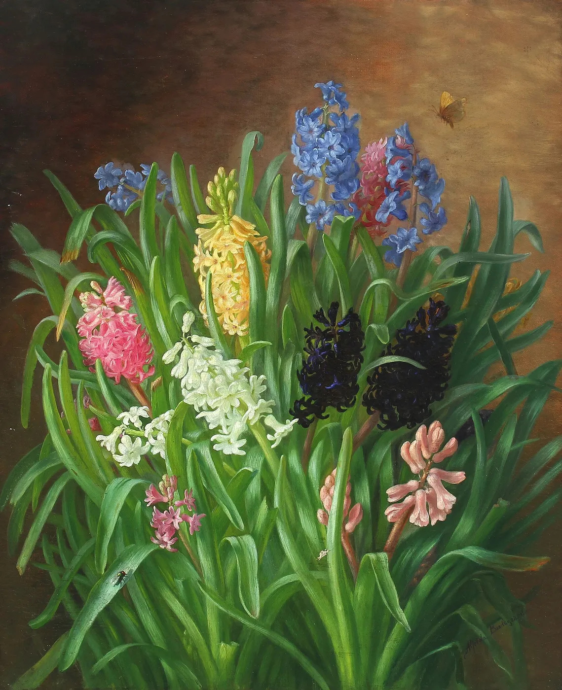 Still life with Hyacinths and butterfly by Alfrida Baadsgaard — original painting reproduced as a hand-painted oil on canvas