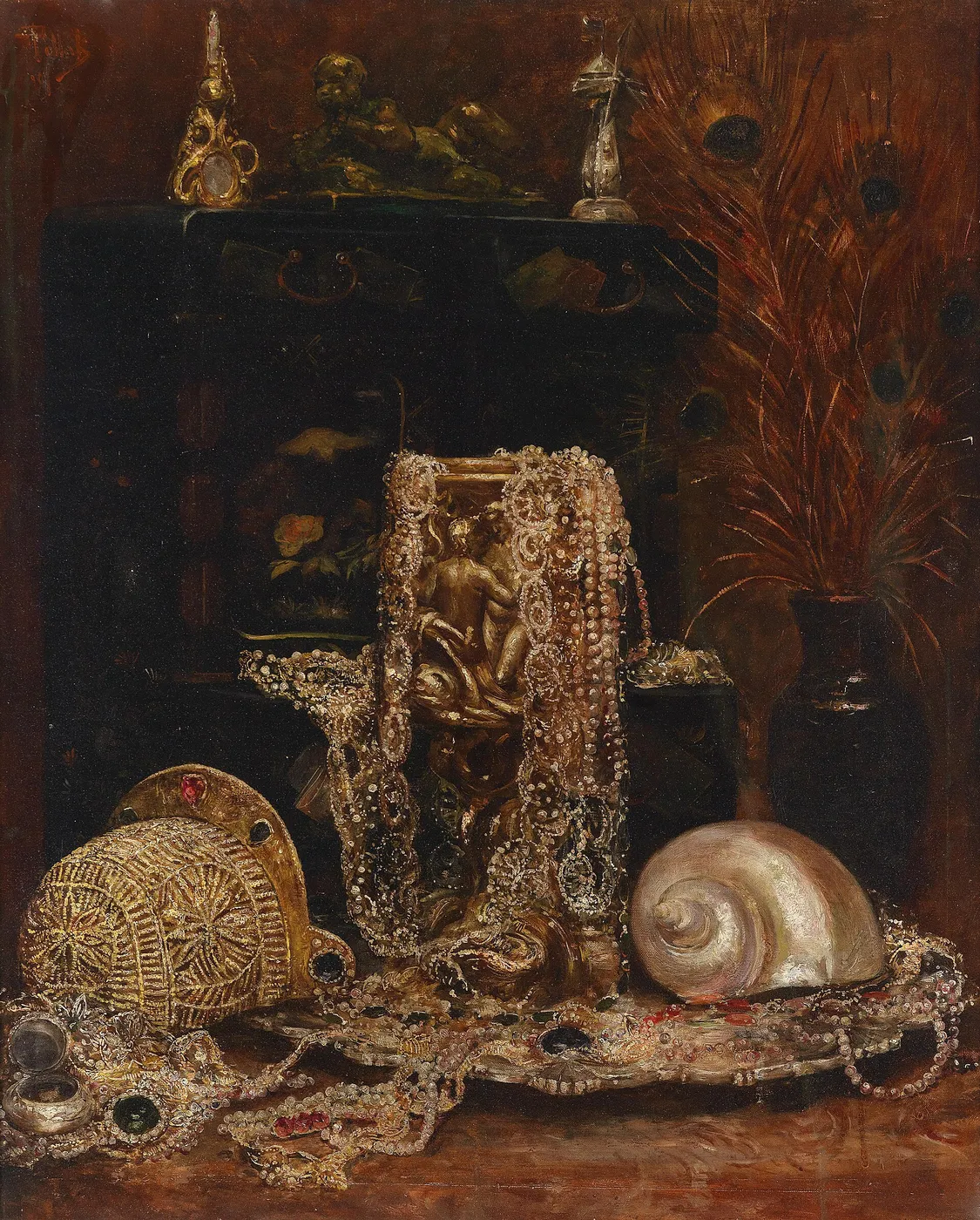 Still life with jewellery (1907) by August Pollak — original painting reproduced as a hand-painted oil on canvas