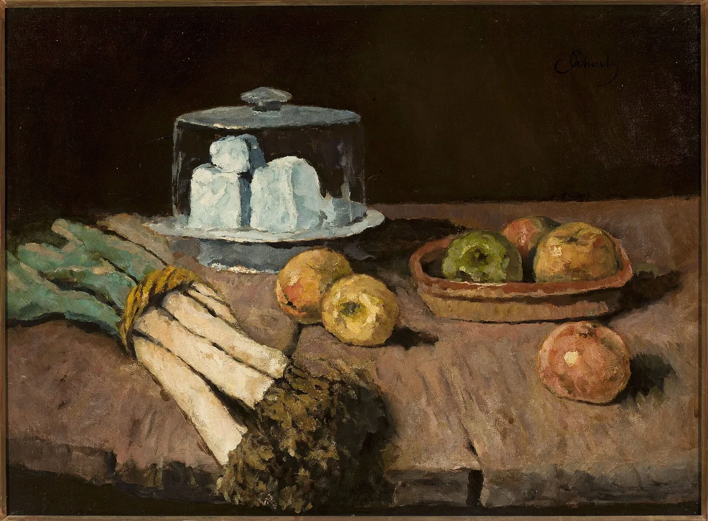 Still life with leeks, cheese and apples — Carl Schuch