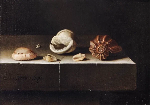Still Life with Two Large and Four Smaller Shells (1696) by Adriaen Coorte — original painting reproduced as a hand-painted oil on canvas