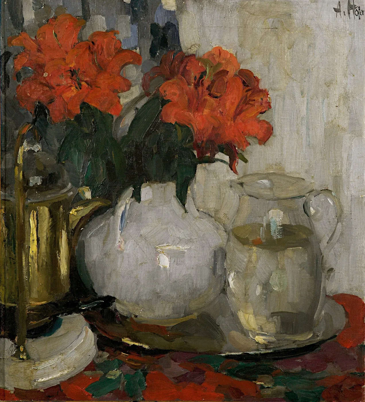 stilllife with red flowers and a glass carafe (1914) by Adolf Höfer — original painting reproduced as a hand-painted oil on canvas