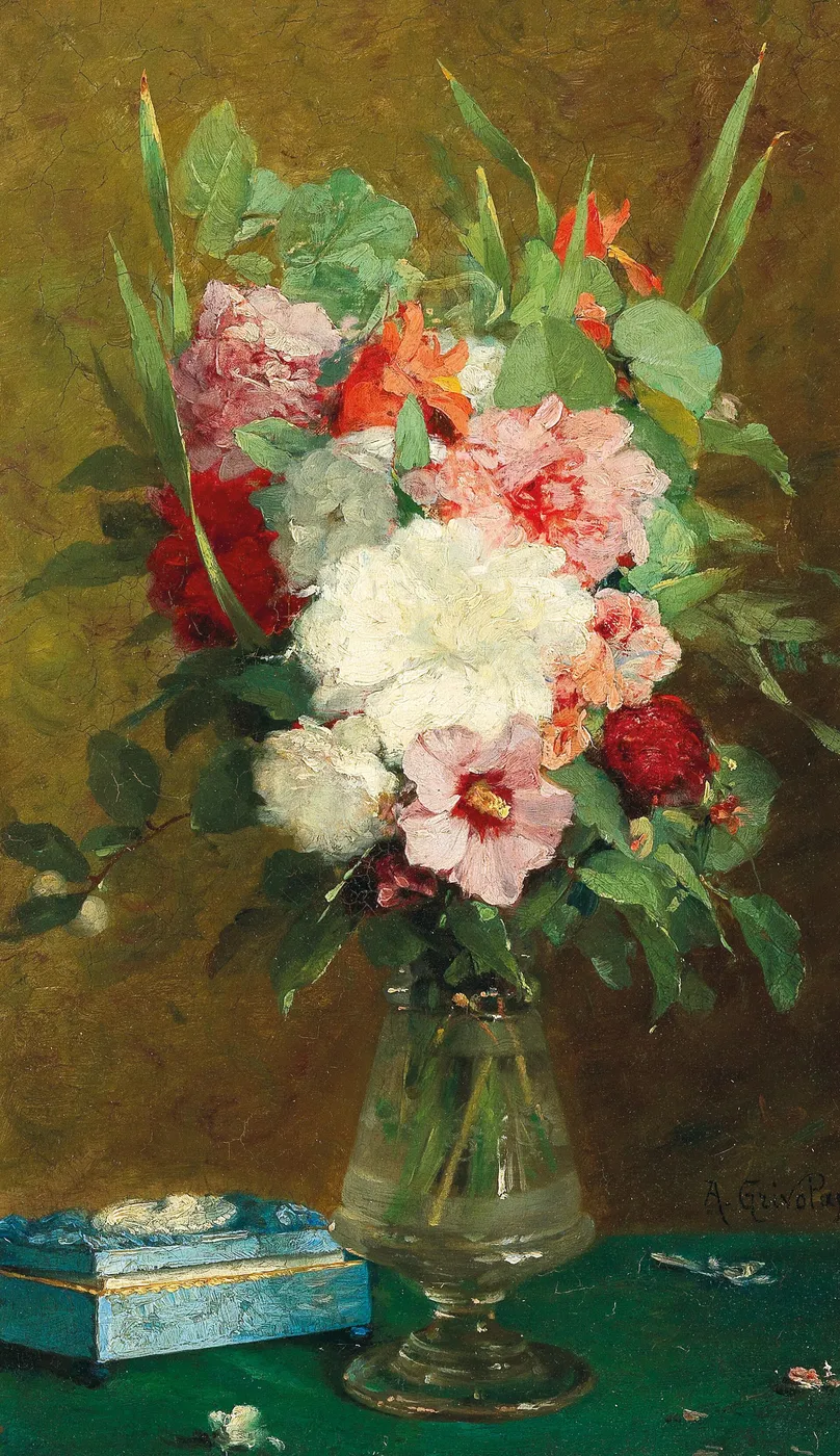Summer Flowers in a Glass Vase (1902) by Antoine Grivolas — original painting reproduced as a hand-painted oil on canvas