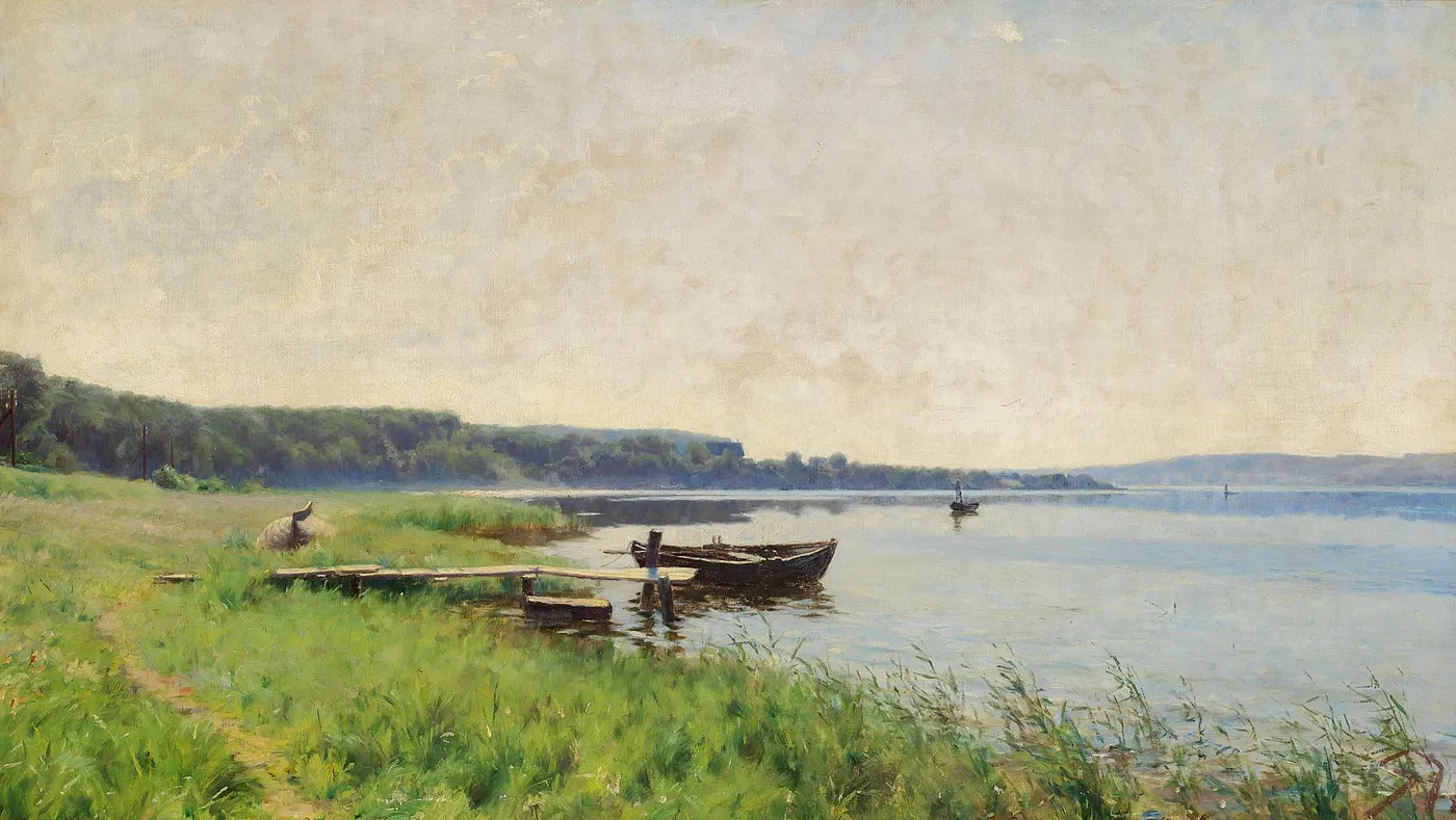 Summer morning at Vejlefjord with a view of Skyttehusodde and Munke-bjerg. (1887) by C.M. Soya-Jensen — original painting reproduced as a hand-painted oil on canvas