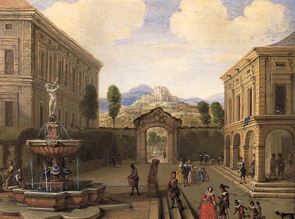 Summer Townscape with a Fountain by Abraham Casembroot — original painting reproduced as a hand-painted oil on canvas