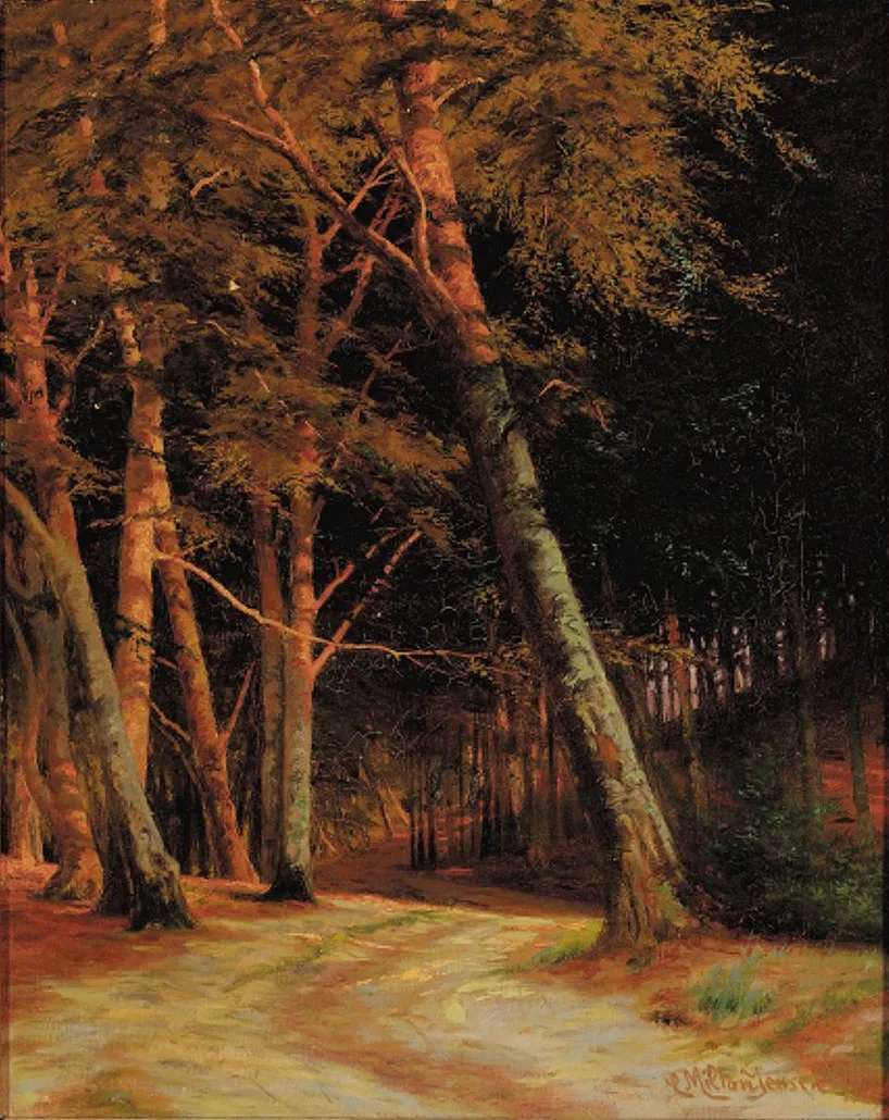 Sunlit trees at Selistria. (1904) by Carl Milton Jensen — original painting reproduced as a hand-painted oil on canvas