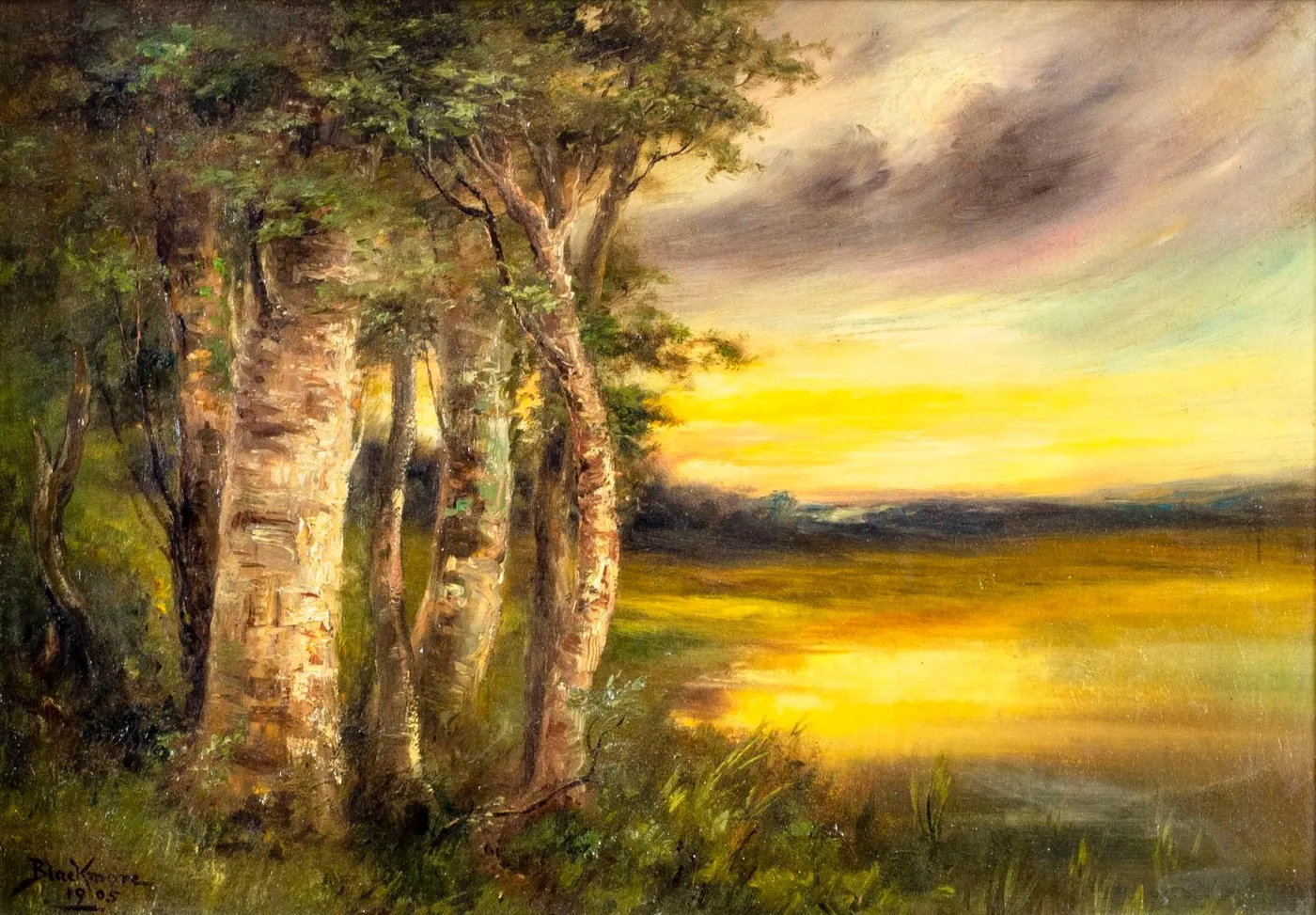 Sunset Lake Landscape (1922) by Arthur Edward Blackmore — original painting reproduced as a hand-painted oil on canvas