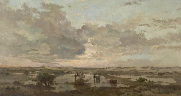 Sunset on the Heath (1877) by Adriaan Jozef Heymans — original painting reproduced as a hand-painted oil on canvas