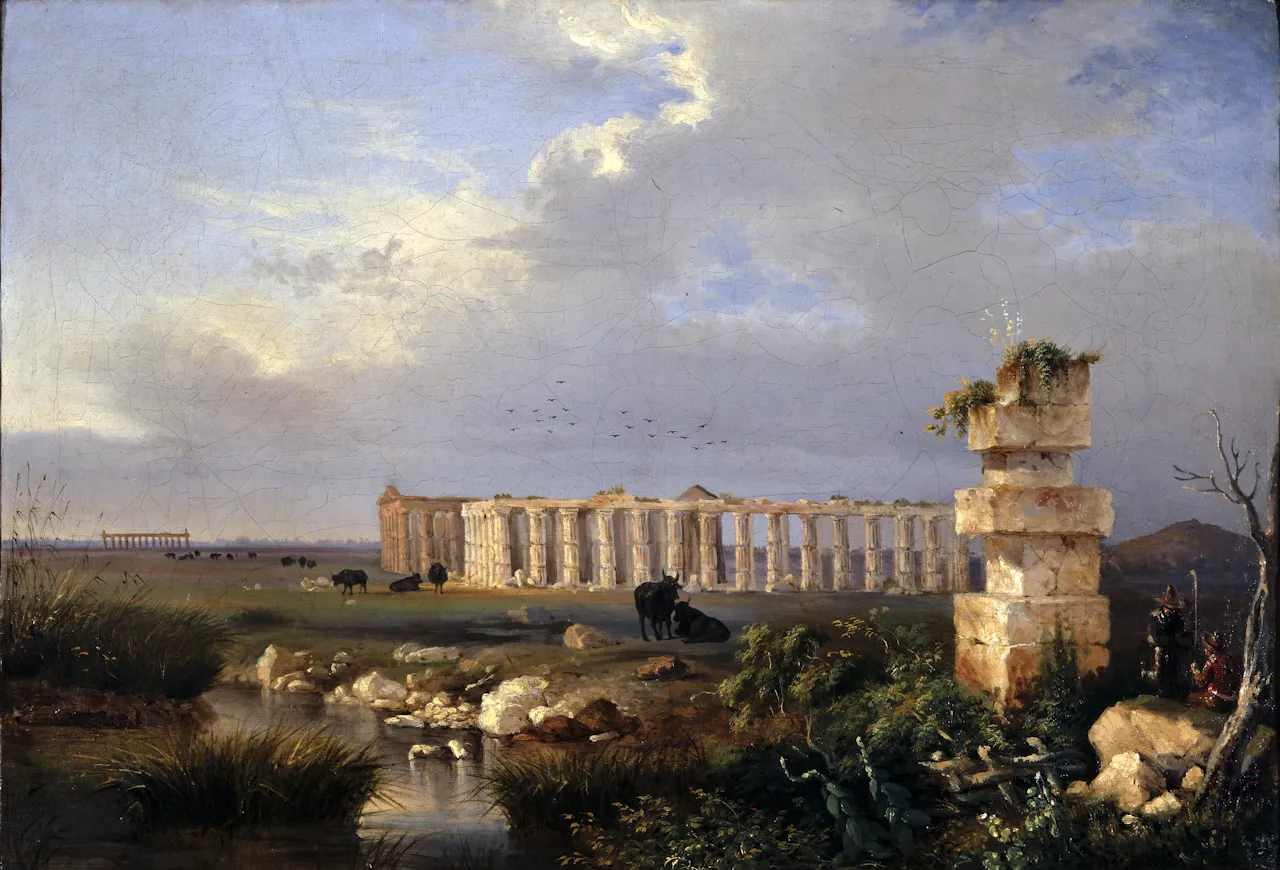 Temples of Paestum (1824) by Antonie Sminck Pitloo — original painting reproduced as a hand-painted oil on canvas