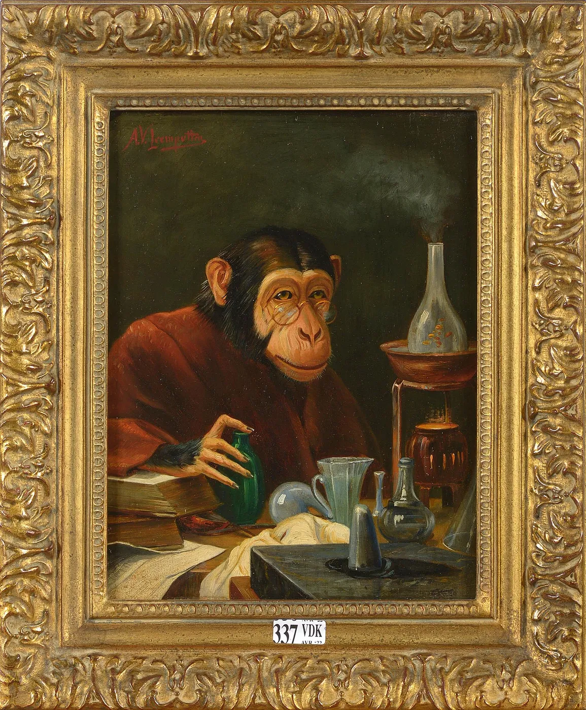 The alchemist monkey by Antoon Van Leemputten — original painting reproduced as a hand-painted oil on canvas
