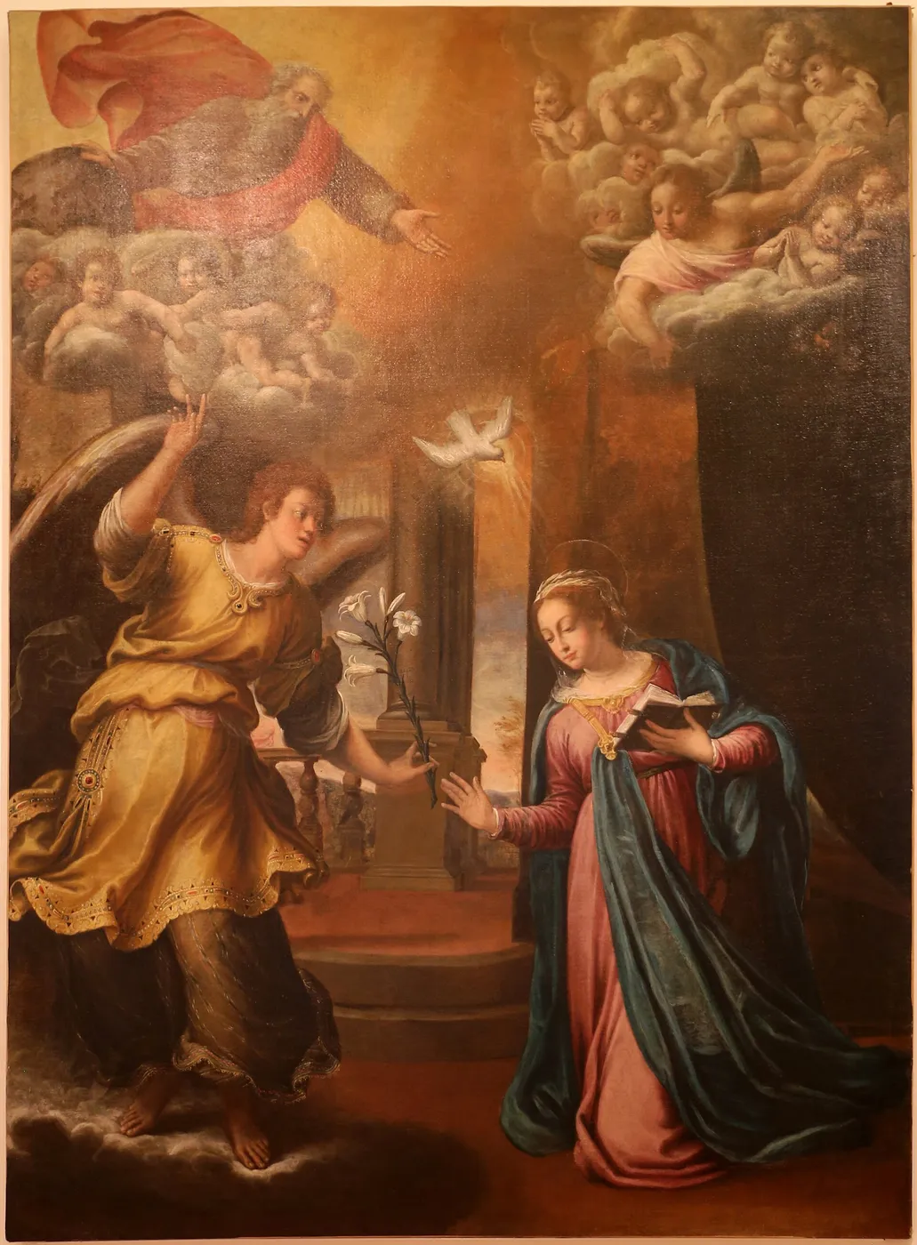 The Annunciation (1600) by Bernardino Baldi — original painting reproduced as a hand-painted oil on canvas