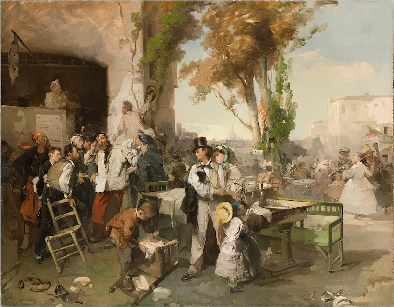 The arrival of the bulletin of Villafranca (1861) by Domenico Induno — original painting reproduced as a hand-painted oil on canvas