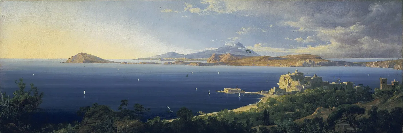 The Bay of Pozzuoli near Naples (1832) by August Ahlborn — original painting reproduced as a hand-painted oil on canvas