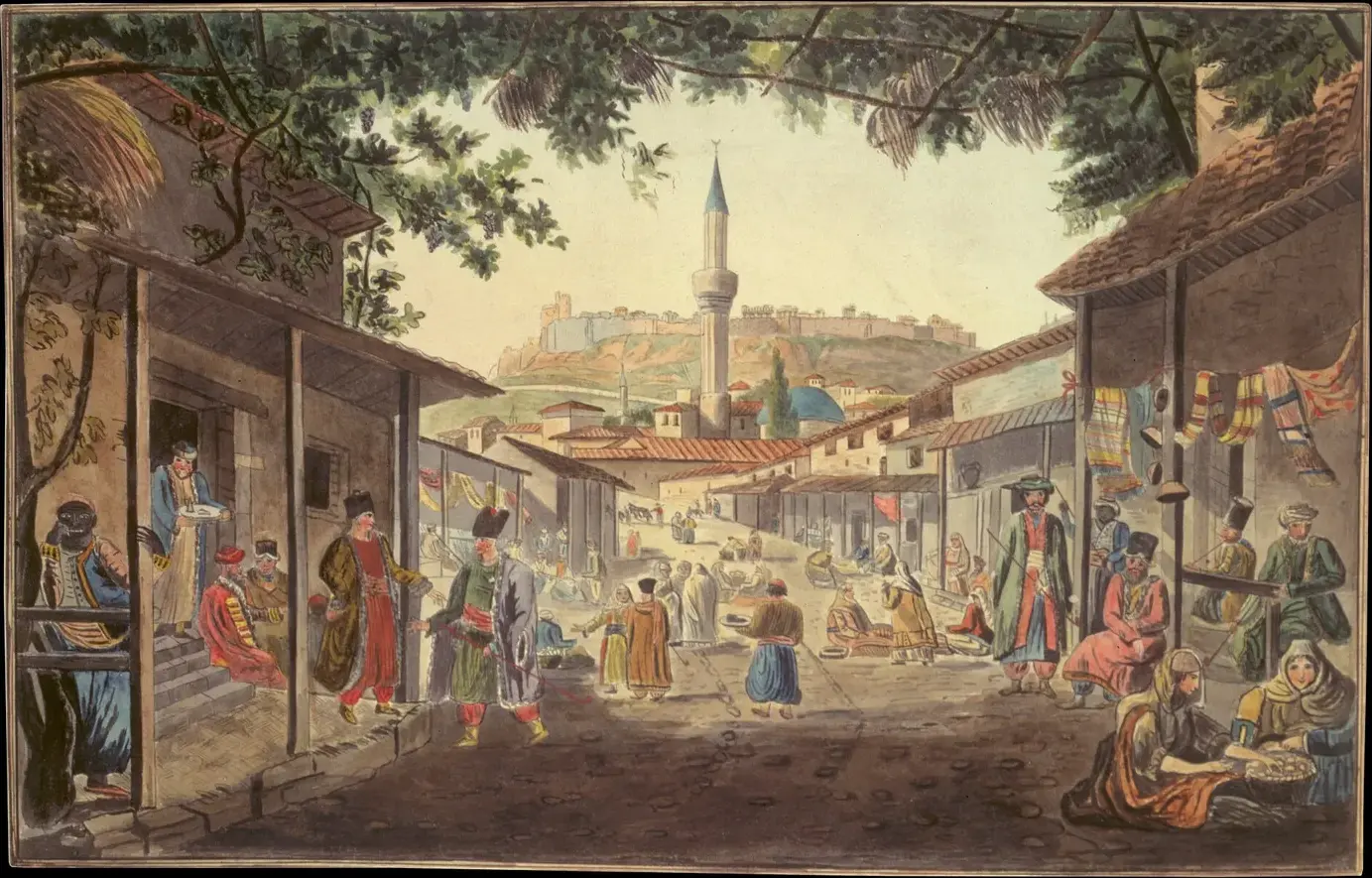 The Bazaar at Athens (1800) by Edward Dodwell — original painting reproduced as a hand-painted oil on canvas