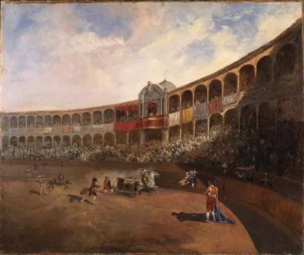 The Bullfight, Sevilla (1835) by Antonio de Brugada — original painting reproduced as a hand-painted oil on canvas