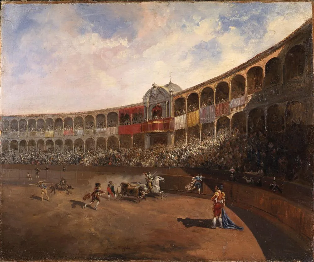 The Bullfight, Sevilla (1835) by Antonio de Brugada — original painting reproduced as a hand-painted oil on canvas