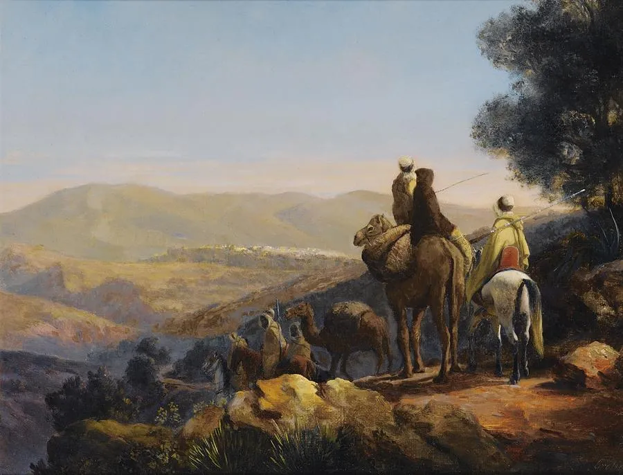 The Caravan Near Constantine (1863) by Curt Victor Clemens Grolig — original painting reproduced as a hand-painted oil on canvas