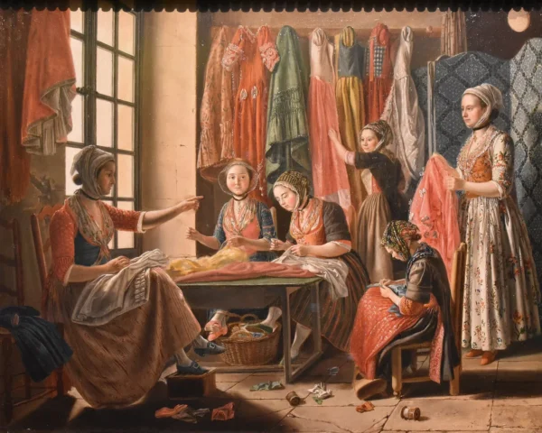 The Couturiers workshop (1785) by Antoine Raspal — original painting reproduced as a hand-painted oil on canvas