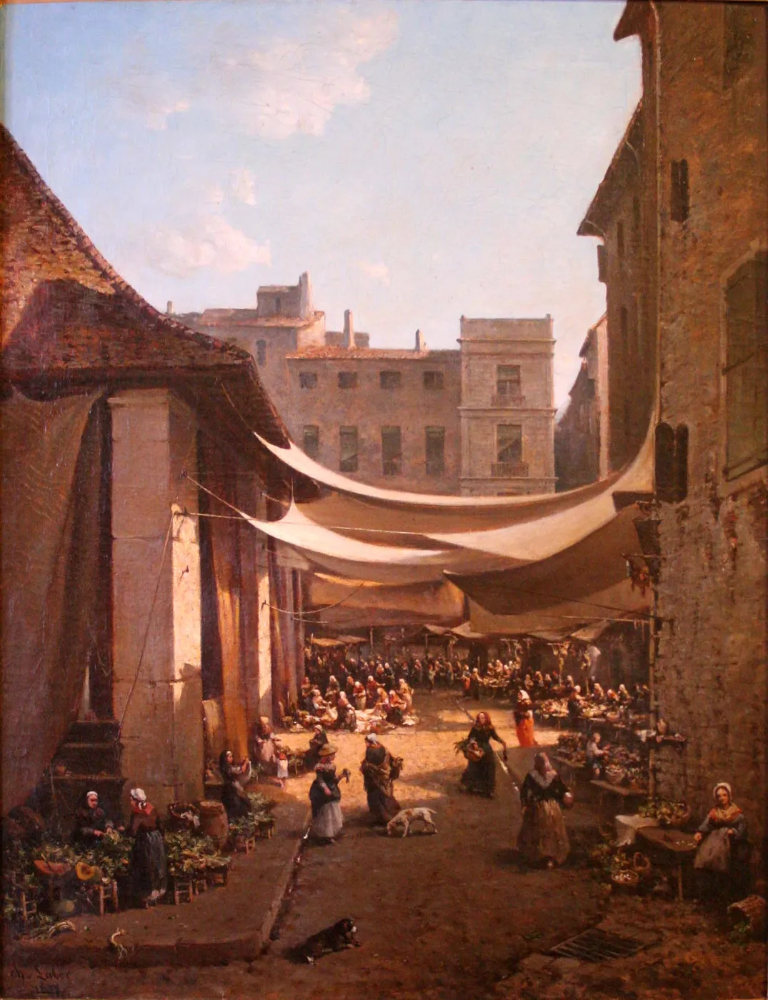The covered square in Béziers (1871) by Charles Labor — original painting reproduced as a hand-painted oil on canvas