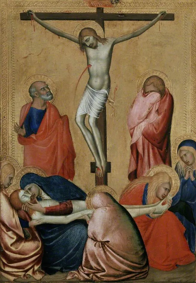 The Crucifixion and Lamentation by Barna da Siena — original painting reproduced as a hand-painted oil on canvas