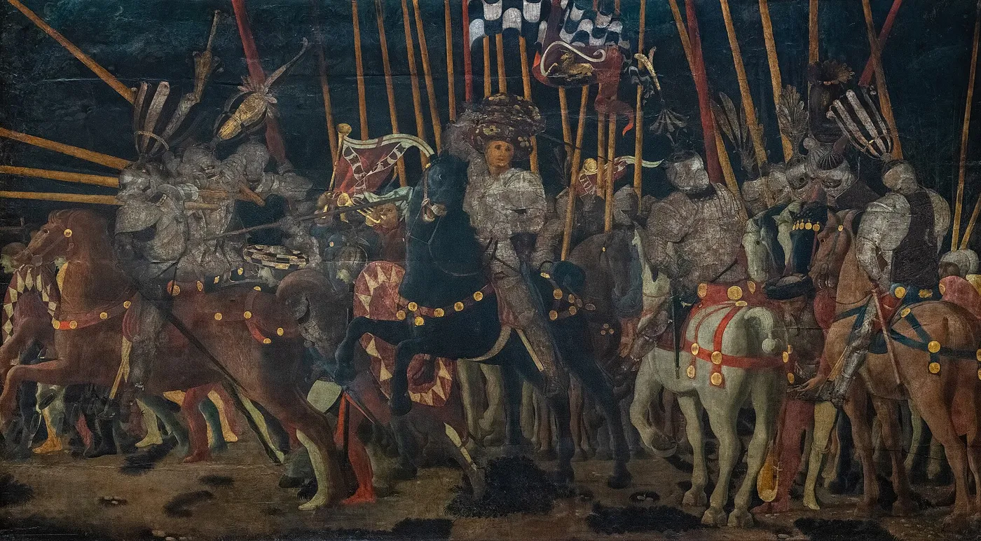 The Decisive Attack of Micheletto Attendolo at San Romano (1435) by Paolo Uccello — original painting reproduced as a hand-painted oil on canvas