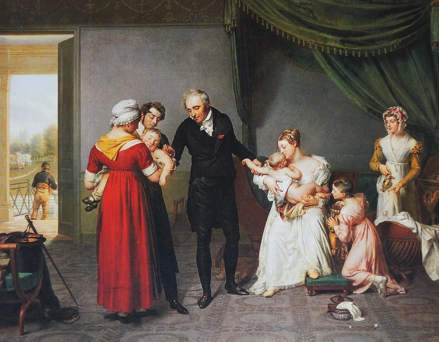 The doctor Jean Louis Alibert (1768-1837) carrying out an anti-smallpox vaccination (1820) by Constant-Joseph Desbordes — original painting reproduced as a hand-painted oil on canvas