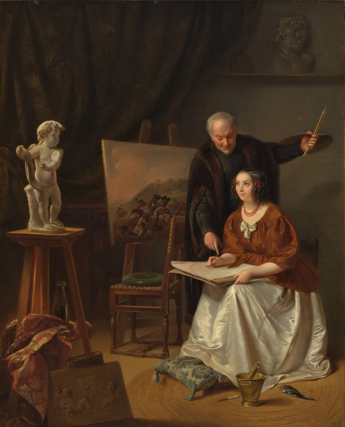 The Drawing Lesson (1900) by François Joseph Corneille Haseleer — original painting reproduced as a hand-painted oil on canvas