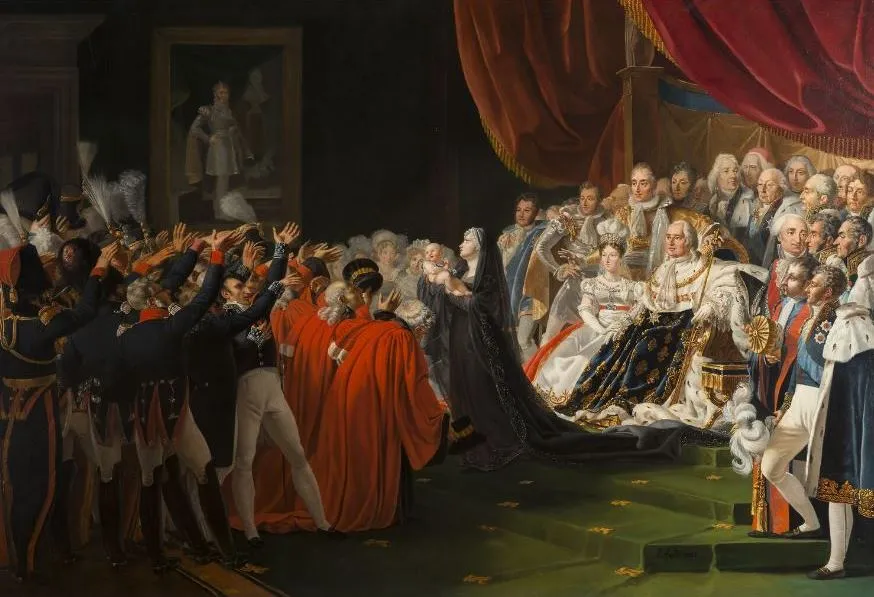 The Duke of Bordeaux presented to the people and the army by the Duchess of Berry in the presence of the king, surrounded by the royal family and the main figures of the State (1821) by Charles Nicolas Lafond — original painting reproduced as a hand-painted oil on canvas