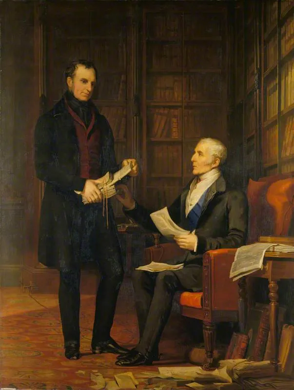 The Duke of Wellington with Colonel Gurwood at Apsley House (1840) by Andrew Morton — original painting reproduced as a hand-painted oil on canvas