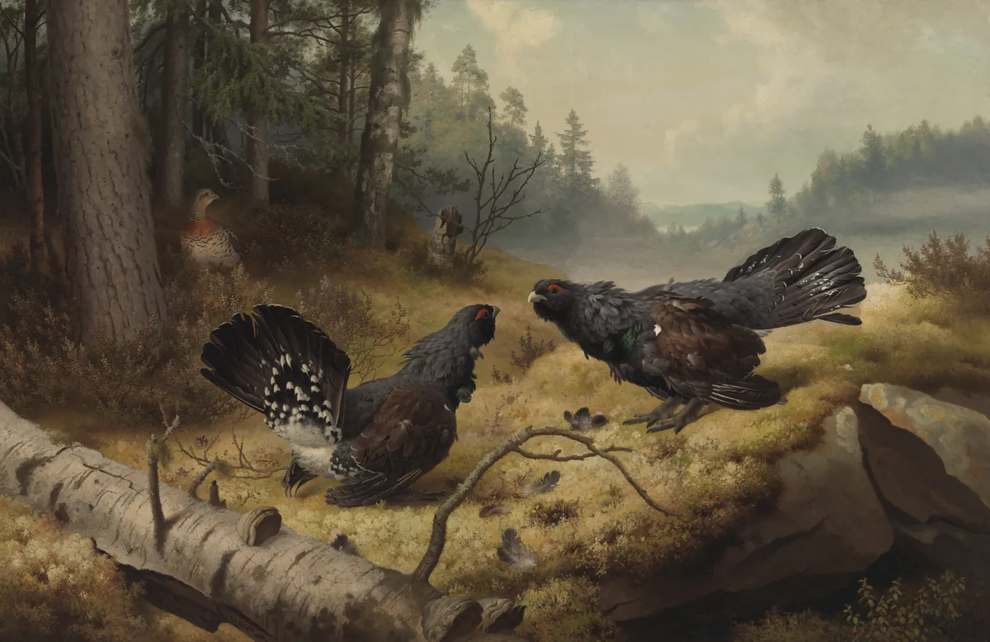The Fighting Capercaillies (1886) by Ferdinand von Wright — original painting reproduced as a hand-painted oil on canvas
