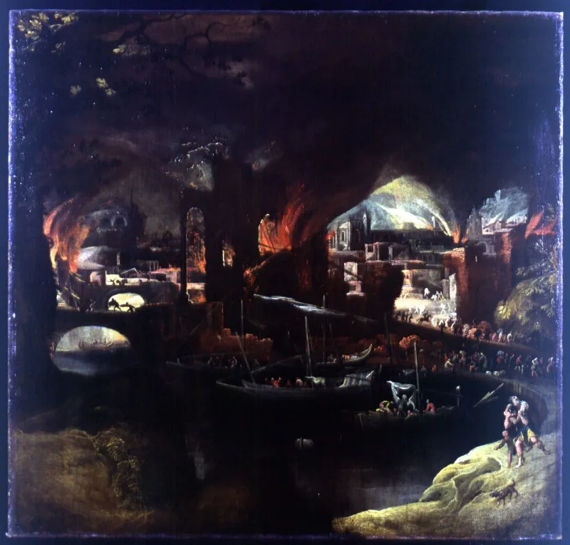 The Fire of Troy (1650) by Filippo Napoletano — original painting reproduced as a hand-painted oil on canvas