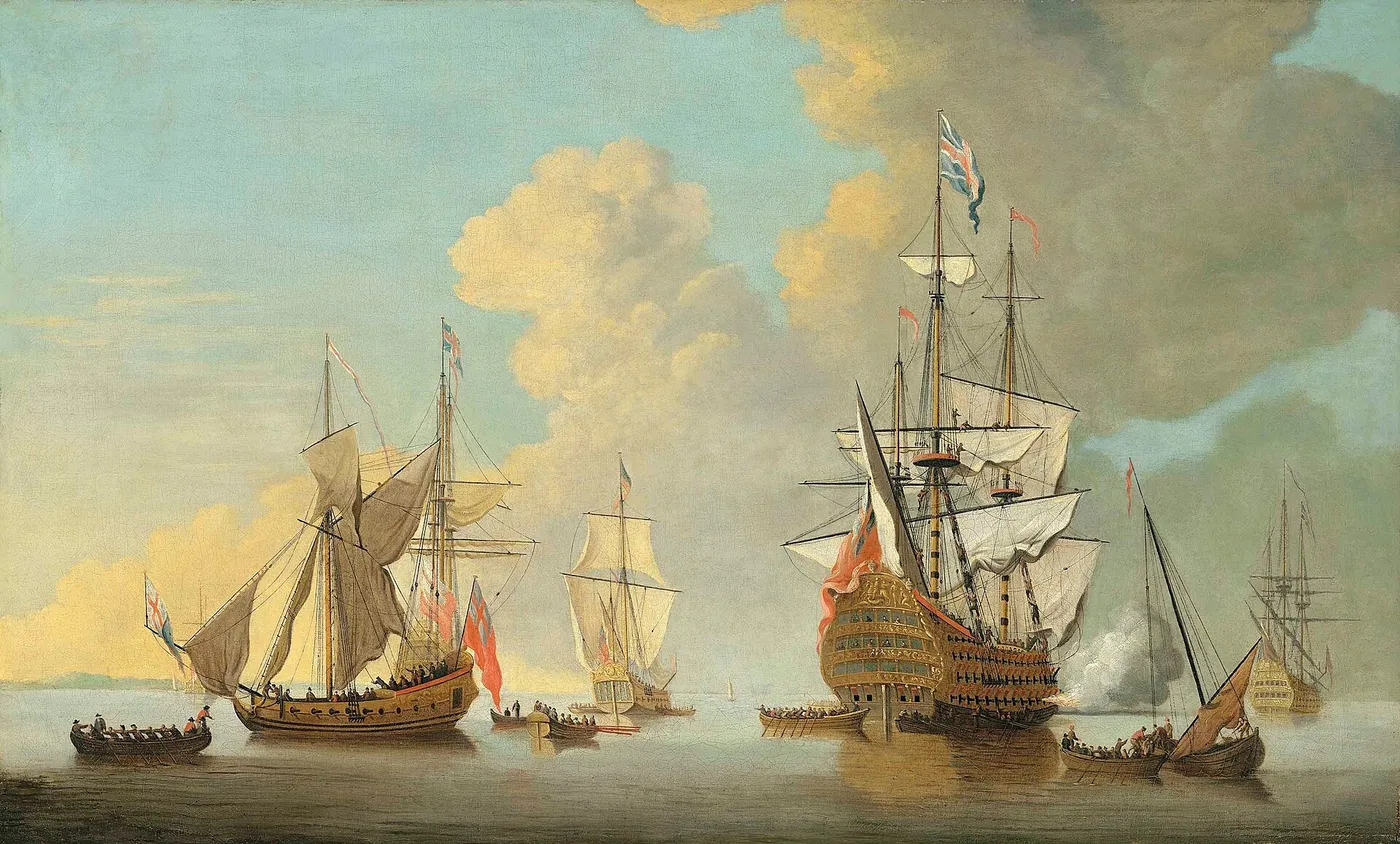 The flagship Royal Sovereign firing a salute at the Nore with other warships and Admiralty yachts in attendance (1800) by Cornelis van de Velde — original painting reproduced as a hand-painted oil on canvas