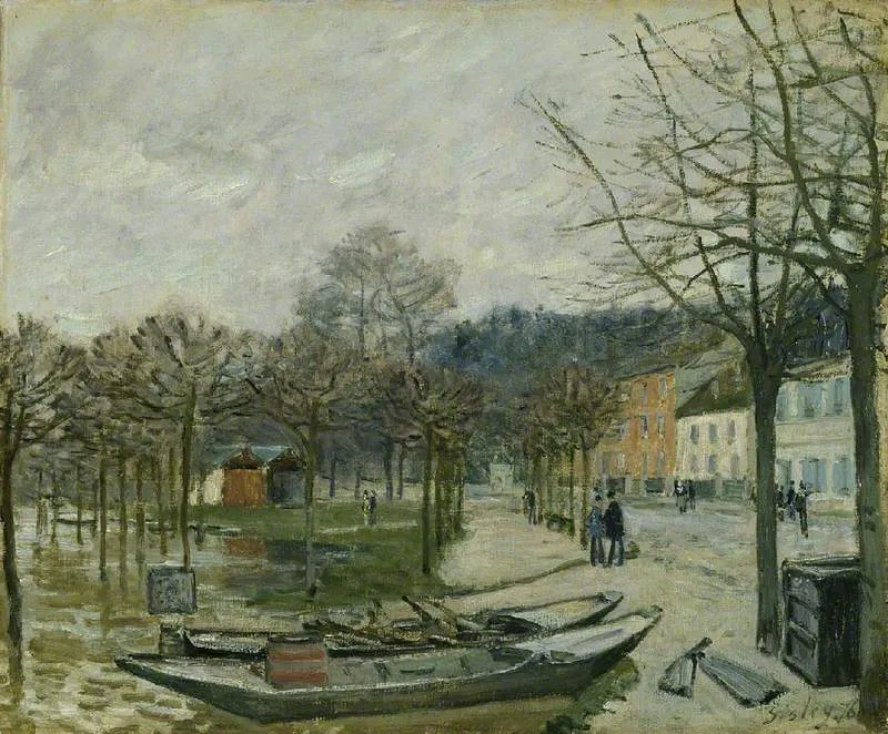 The Flood at Port Marly (1876) by Alfred Sisley — original painting reproduced as a hand-painted oil on canvas