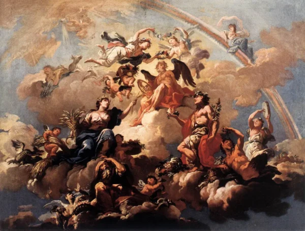 The Four Seasons Paying Homage to Chronos (1737) by Bartolomeo Altomonte — original painting reproduced as a hand-painted oil on canvas