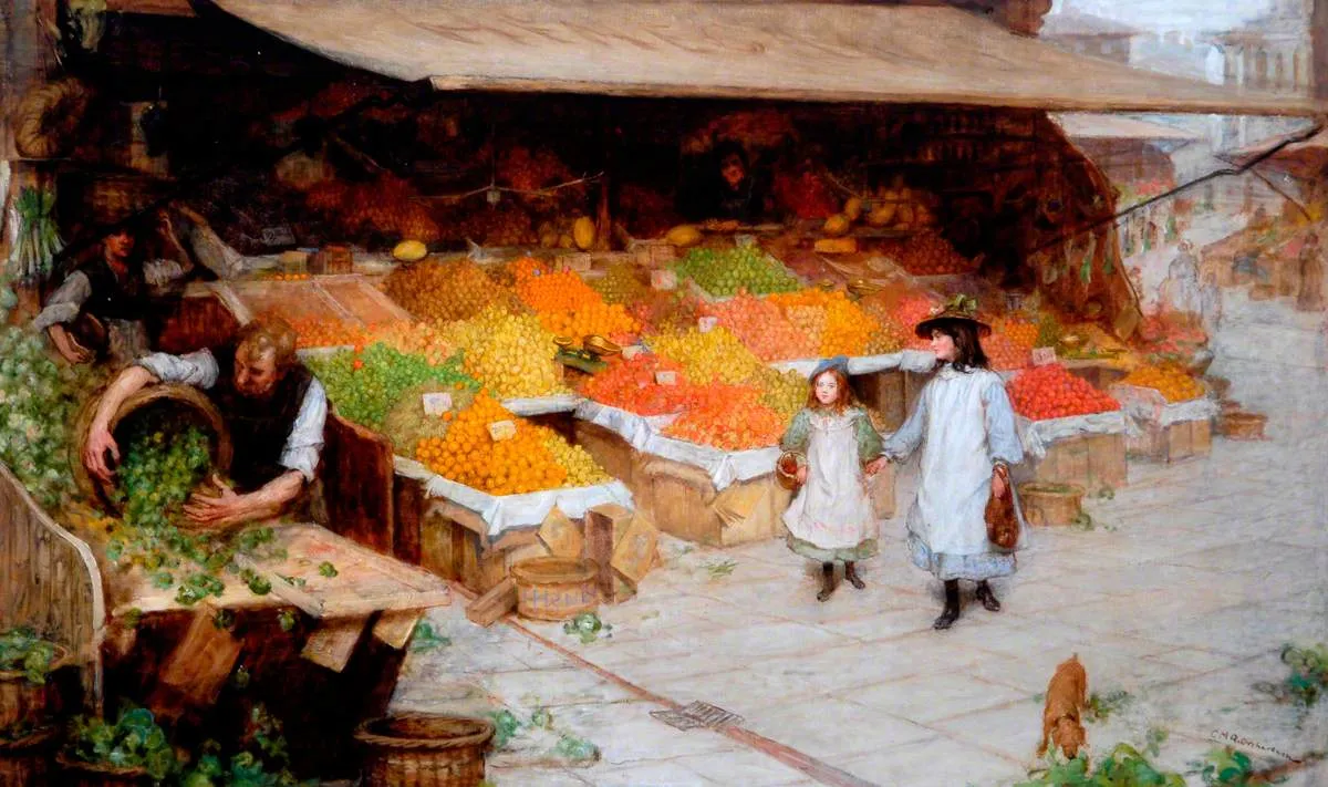 The Fruit Stall by Charles M. Q. Orchardson — original painting reproduced as a hand-painted oil on canvas