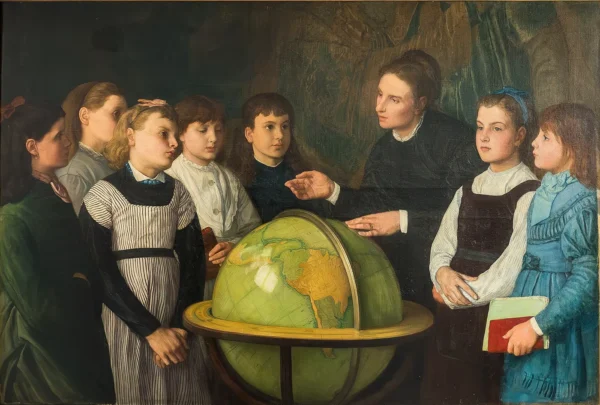 The Geography Lesson (1874) by Alphonse Legros — original painting reproduced as a hand-painted oil on canvas