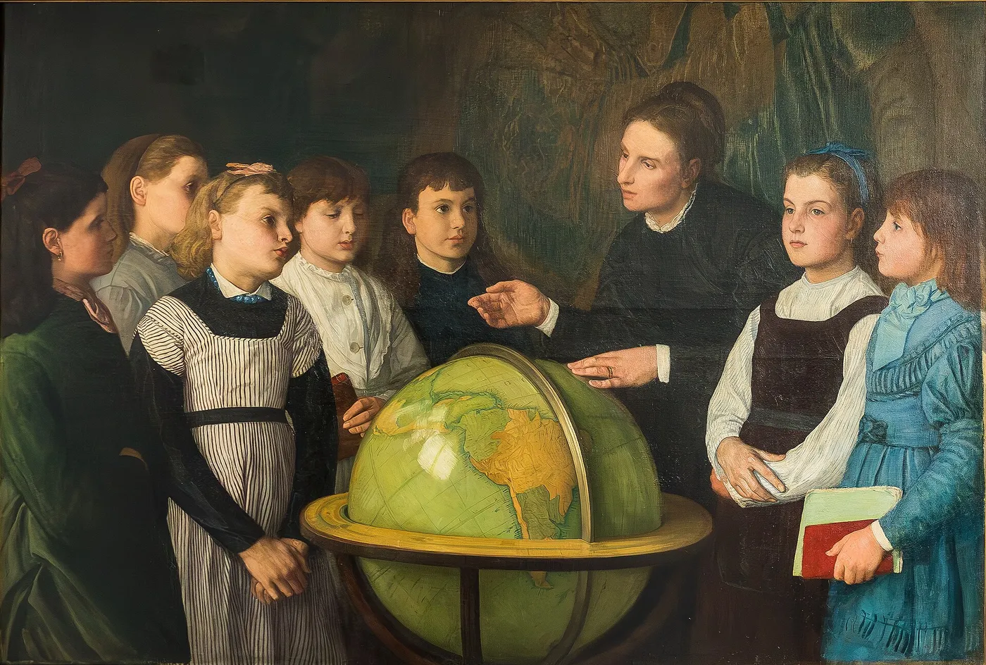 The Geography Lesson (1874) by Alphonse Legros — original painting reproduced as a hand-painted oil on canvas