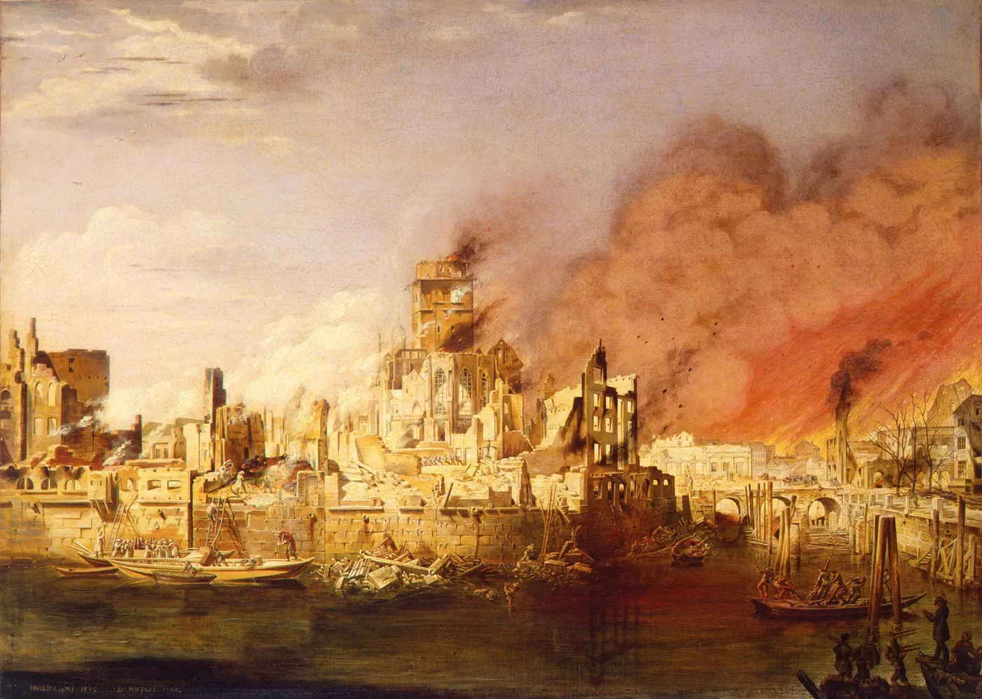 The Great Fire of Hamburg on May 5, 1842 (1842) by Ditlev Martens — original painting reproduced as a hand-painted oil on canvas