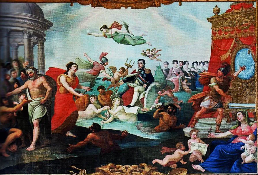 The Happy Return of His Most Faithful Majesty King John VI from Rio de Janeiro to the City of Lisbon on the 4th of July 1821 (1825) by Arcângelo Fuschini — original painting reproduced as a hand-painted oil on canvas