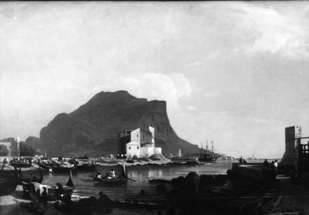 The Harbour at Palermo (1862) by Albert Berg — original painting reproduced as a hand-painted oil on canvas