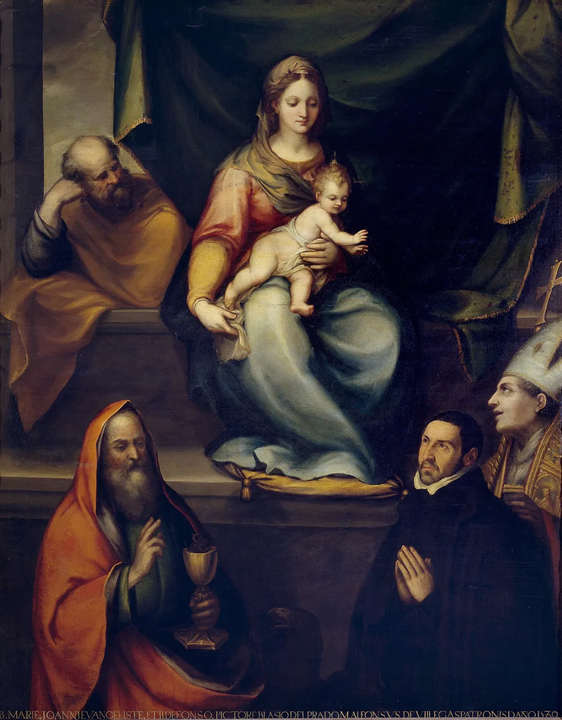 The Holy Family, Saint Ildefonso, Saint John the Evangelist and the teacher Alonso de Villegas (1589) by Blas de Prado — original painting reproduced as a hand-painted oil on canvas