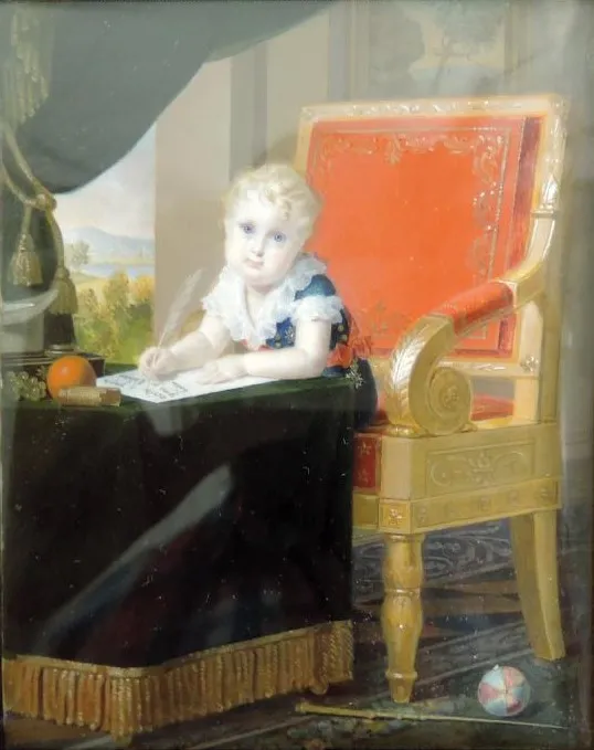 The King of Rome, as a child, writing to his father (1812) by Aimée Thibault — original painting reproduced as a hand-painted oil on canvas