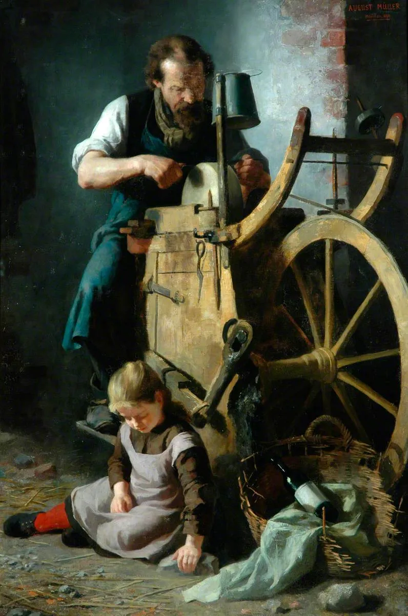 The Knife Grinder (1890) by August Müller — original painting reproduced as a hand-painted oil on canvas