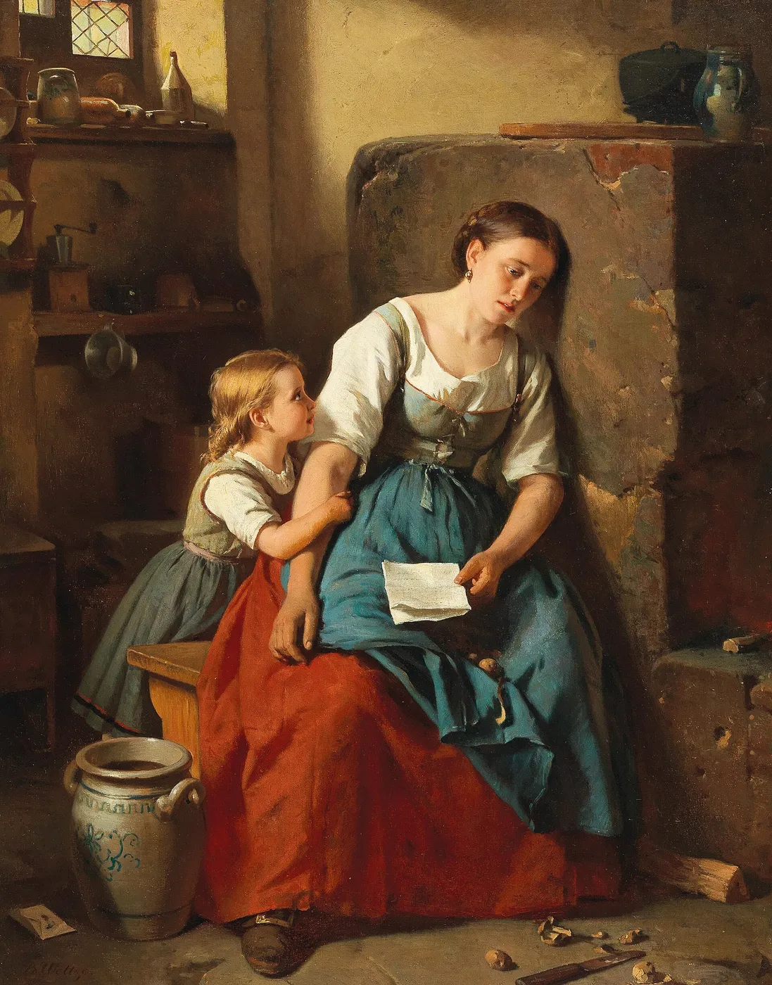 The Letter (1896) by Berthold Woltze — original painting reproduced as a hand-painted oil on canvas