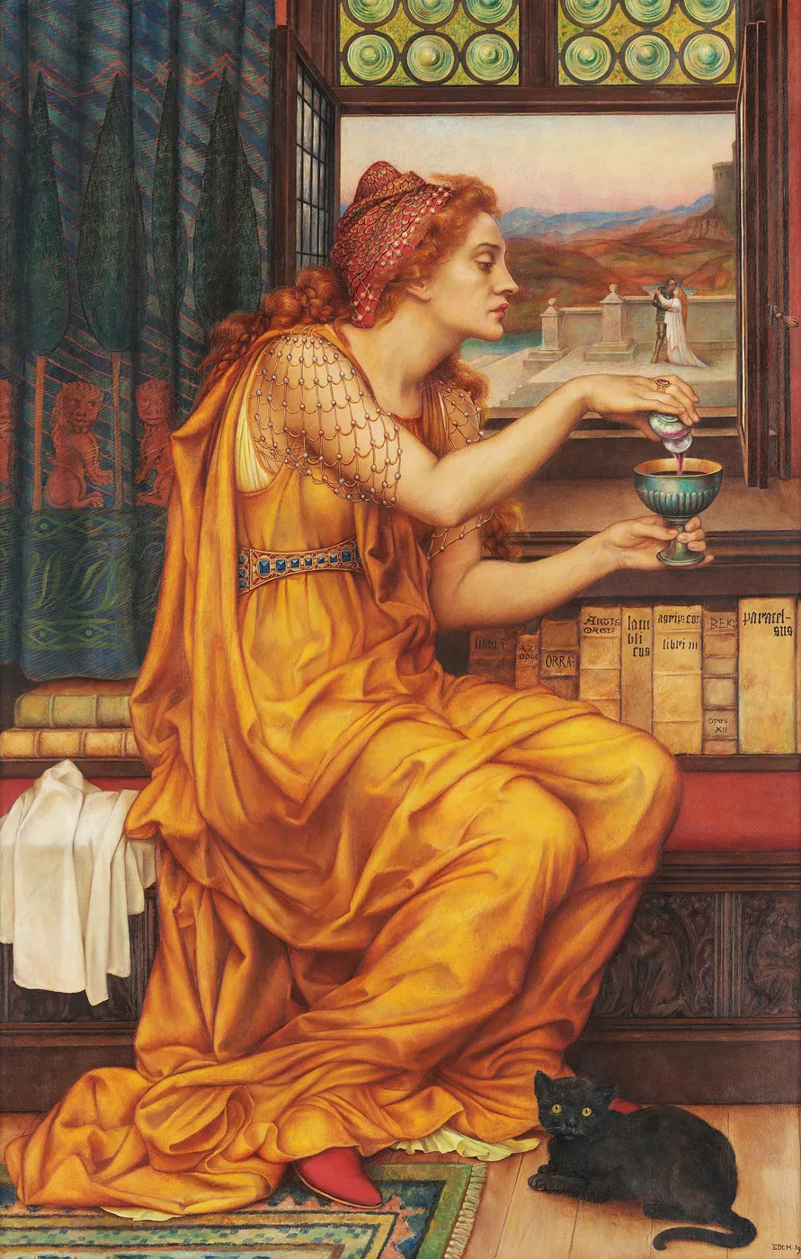 The Love Potion (1903) by Evelyn De Morgan — original painting reproduced as a hand-painted oil on canvas