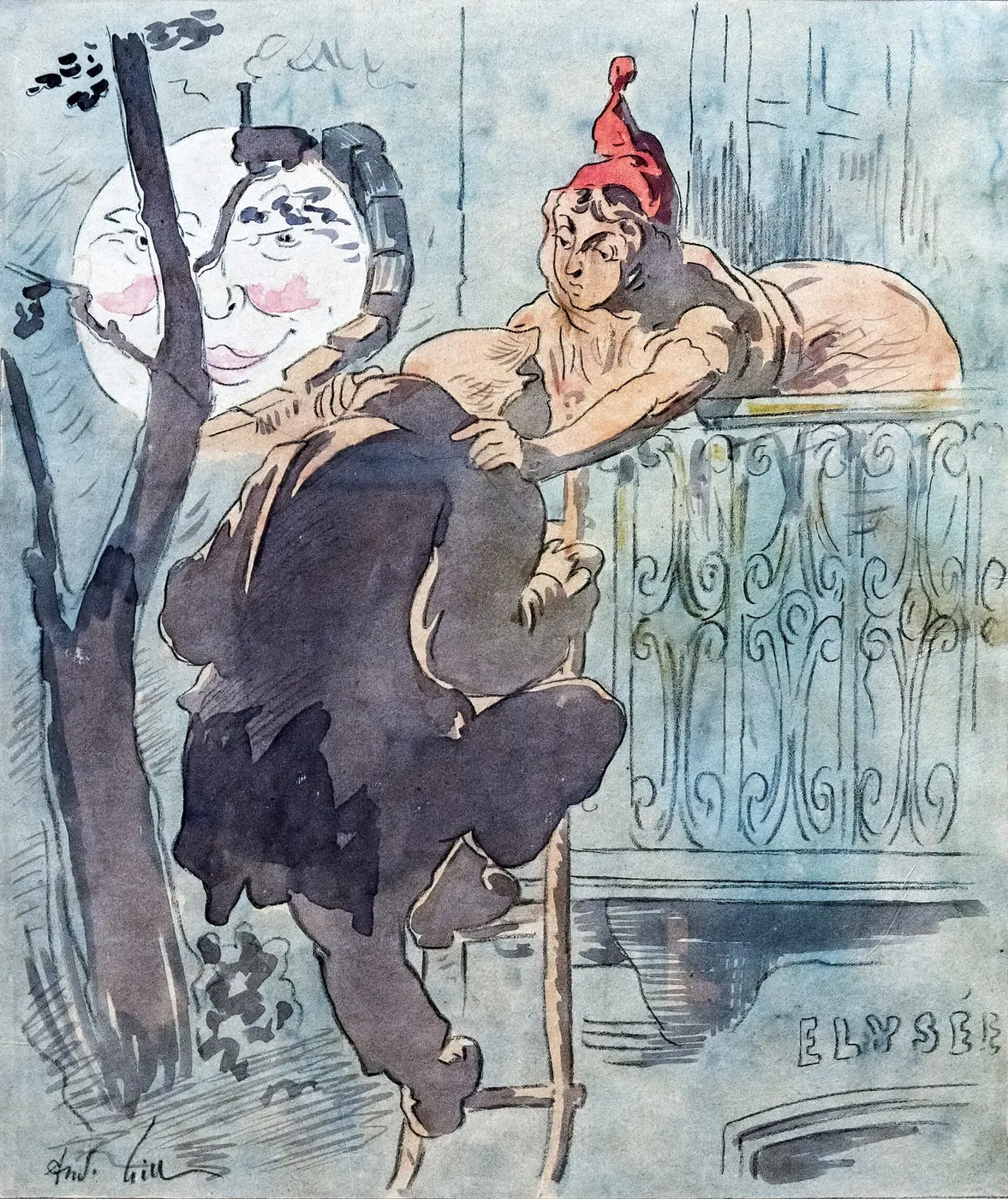 The Marianne repels the intruder from the Elysee (1872) by André Gill — original painting reproduced as a hand-painted oil on canvas