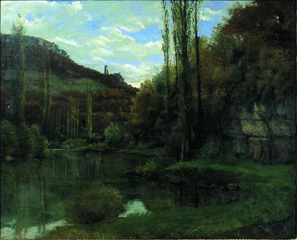 The 'Mirror' on the River Loue at Scey-en-Varais, near Ornans (1864) by Gustave Courbet — original painting reproduced as a hand-painted oil on canvas