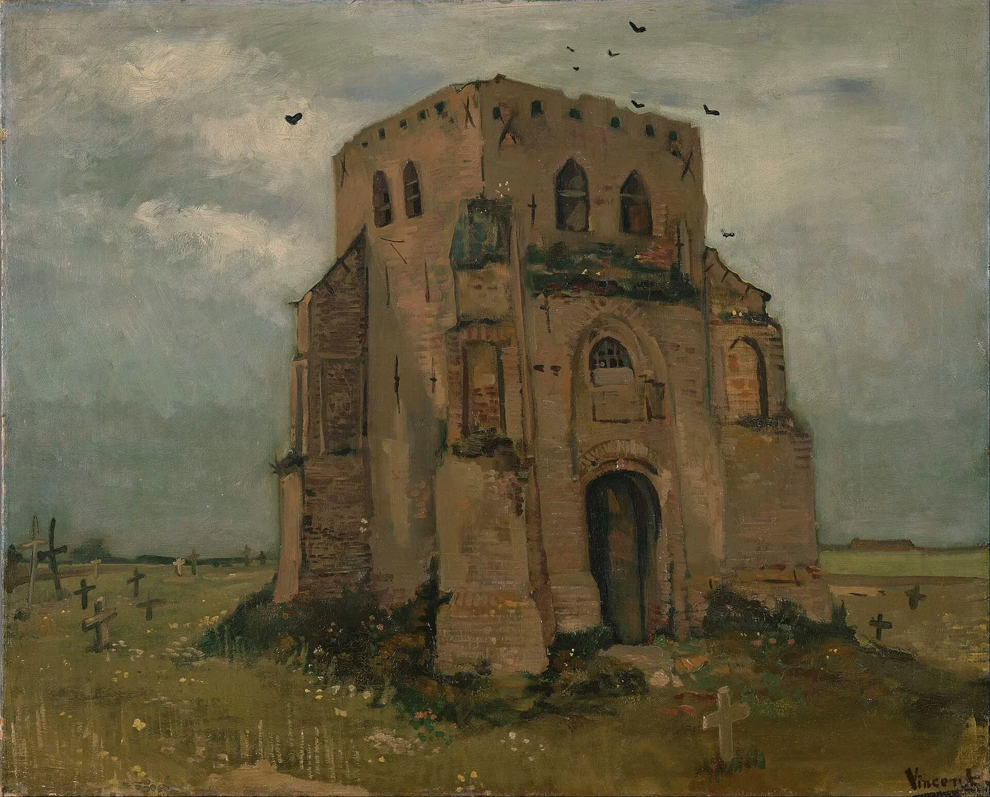 The Old Cemetery Tower at Nuenen (1885) by Vincent van Gogh — original painting reproduced as a hand-painted oil on canvas
