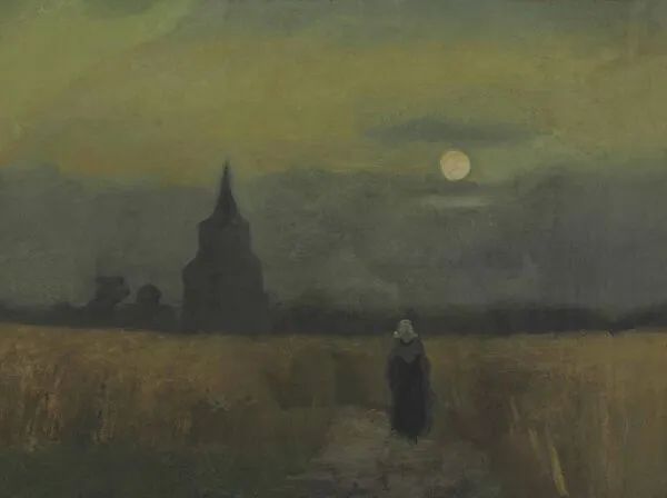 The Old Tower in the Fields (1884) by Vincent van Gogh — original painting reproduced as a hand-painted oil on canvas