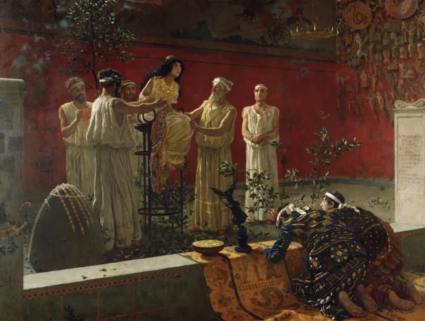 The Oracle (1880) by Camillo Miola — original painting reproduced as a hand-painted oil on canvas